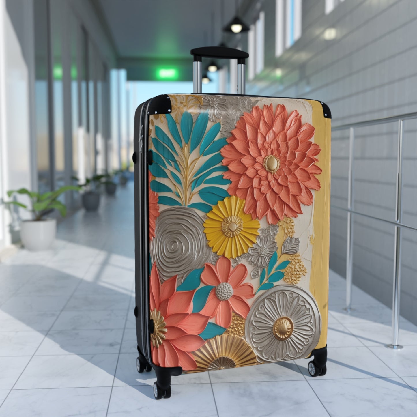 Floral Hand Drawn Coral, Teal and Gold Suitcase - (CWA Original Design)