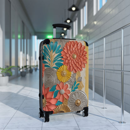 Floral Hand Drawn Coral, Teal and Gold Suitcase - (CWA Original Design)