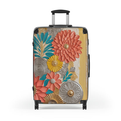 Floral Hand Drawn Coral, Teal and Gold Suitcase - (CWA Original Design)