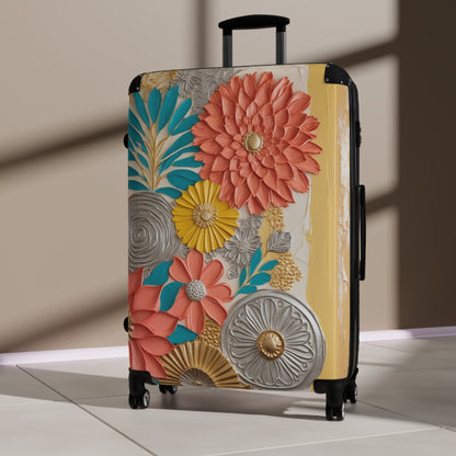 Floral Hand Drawn Coral, Teal and Gold Suitcase - (CWA Original Design)