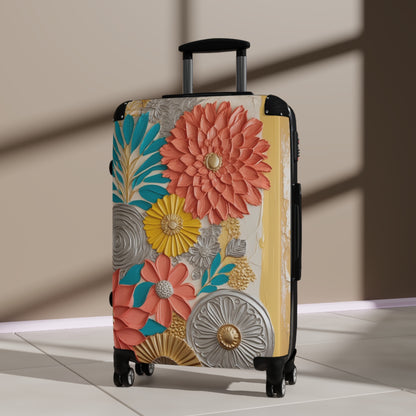 Floral Hand Drawn Coral, Teal and Gold Suitcase - (CWA Original Design)